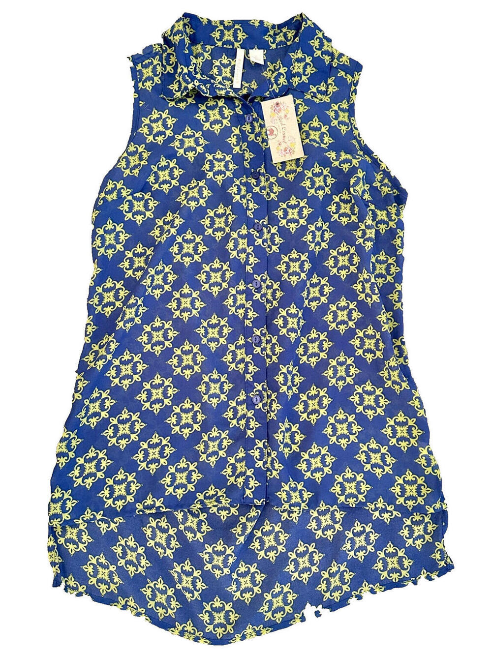 NWT RED CAMEL Blue Print Sheer Blouse Sleeveless Button-Front Open Back M